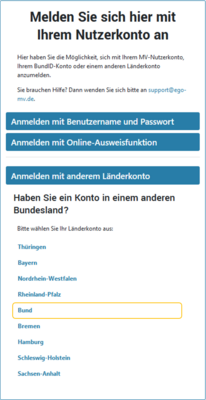Darstellung der Auswahl der Nutzerkonten, zentrale Deutschland.ID über "Bund" enthalten © Yvonne Rowoldt